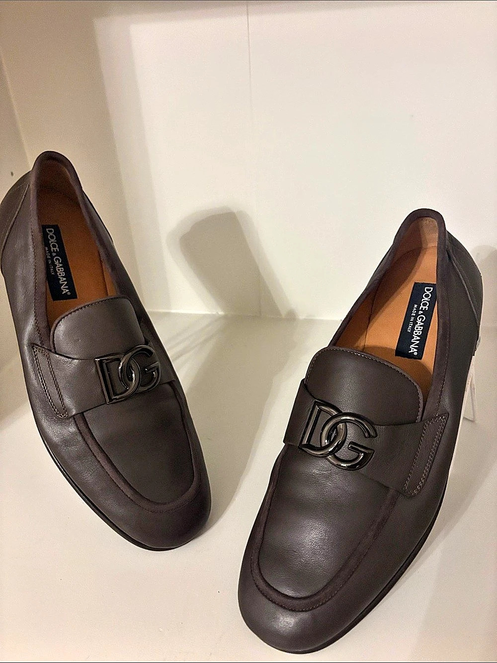 Dolce & Gabbana DG Logo Plaque Leather Loafers Men's Brown US 10